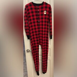 Lazy One Red and Black Buffalo Plaid Paw-Print Adult Pajama Onesie
